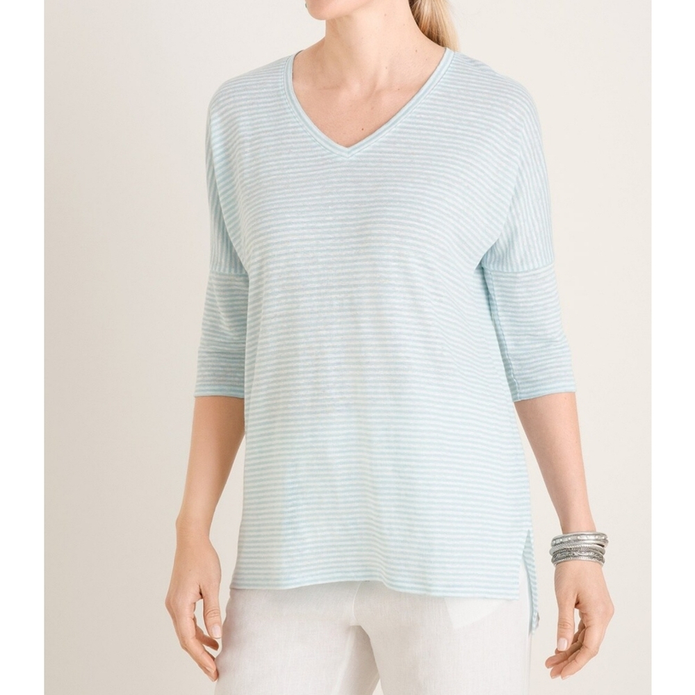 CHICO'S Linen Drop Shoulder 3/4 Sleeve Classic Micro Stripe Top 2‎ / L